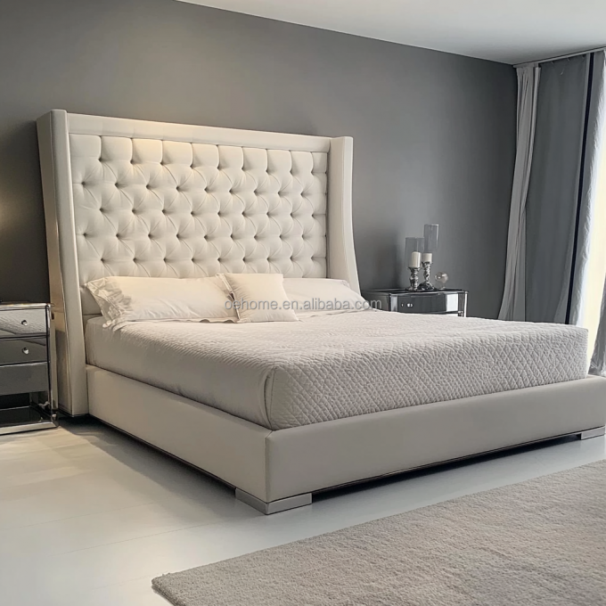 Γκρι ξύλινο σετ διπλού κρεβατιού Queen / King Size με καθρέφτινα κουμπιά εμπνευσμένο από τον Πρόεδρο και μοντέρνο σχεδιασμό 1