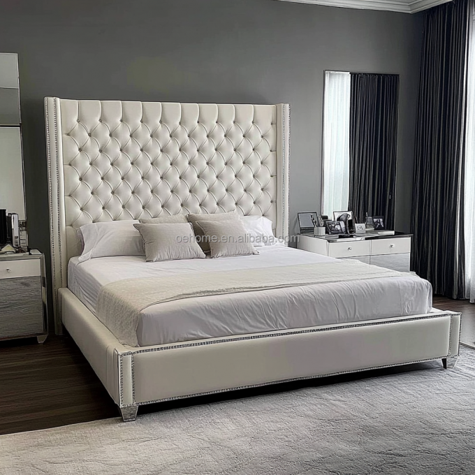 Γκρι ξύλινο σετ διπλού κρεβατιού Queen / King Size με καθρέφτινα κουμπιά εμπνευσμένο από τον Πρόεδρο και μοντέρνο σχεδιασμό 3
