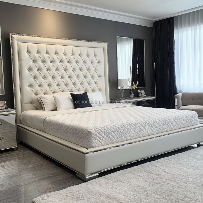 Γκρι ξύλινο σετ διπλού κρεβατιού Queen / King Size με καθρέφτινα κουμπιά εμπνευσμένο από τον Πρόεδρο και μοντέρνο σχεδιασμό 6