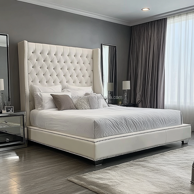 Γκρι ξύλινο σετ διπλού κρεβατιού Queen / King Size με καθρέφτινα κουμπιά εμπνευσμένο από τον Πρόεδρο και μοντέρνο σχεδιασμό 7